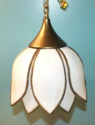 Vintage Swag Lamp,  Slag Glass Tulip Hanging Light 14 Panel Shade