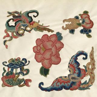 Antique Chinese Hand Embroidered Silk Appliques Forbidden Stitch 19th Qing