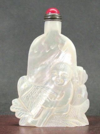 Chinese Boy On Fish Carved Natural Fresh Water Pearl Shell Snuff Bottle