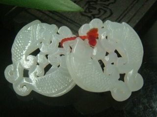 Antique Chinese Celadon Nephrite Hetian Jade A Ear - 3 - Rings Fish - Pendants