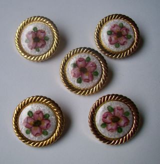Vtg Guilloche Enamel Buttons Gold Plate Setting - Set Of 5 Pink Dogwood Flower