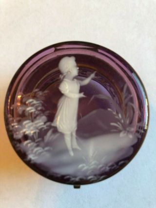 Antique Mary Gregory Amethyst Glass Round Trinket/ring Box Enameled Girl Flowers