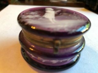 Antique Mary Gregory Amethyst Glass Round Trinket/Ring Box Enameled Girl Flowers 2