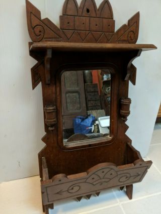 Antique Eastlake Victorian Carved Walnut Shaving Wall Mirror Shelf Comb Holder