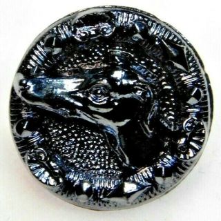 Antique Button Victorian Carnival Luster Glass Midnight Blue Greyhound 5/8 Zz