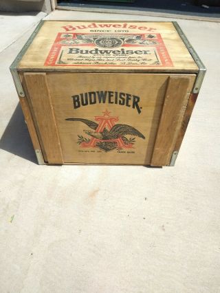 VINTAGE BUDWEISER ANHEUSER BUSCH WOODEN BOX CRATE w LID Since 1876 Graphics 2