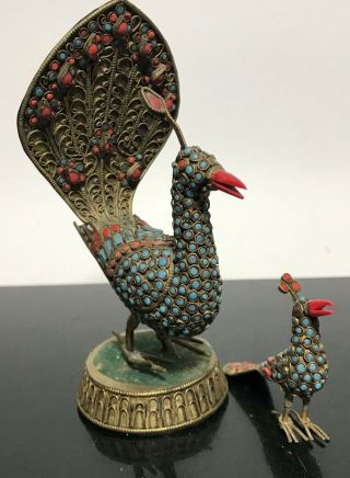 2pc Vtg Tibetan Brass Coral Turquoise Filigree Peacock Bird Art Statue Figurines