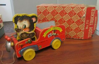 Vintage Fisher Price Wooden Teddy Trucker No.  711 Pull Toy & Box