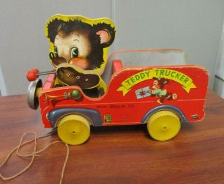 VINTAGE FISHER PRICE WOODEN TEDDY TRUCKER NO.  711 PULL TOY & BOX 5