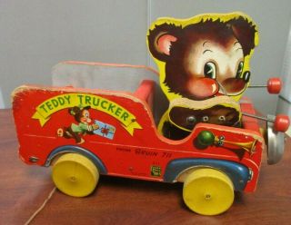 VINTAGE FISHER PRICE WOODEN TEDDY TRUCKER NO.  711 PULL TOY & BOX 8