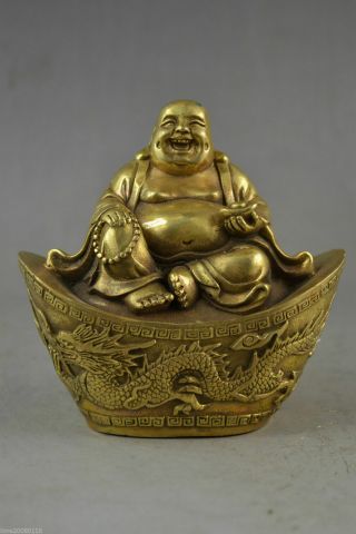 Brass Carving Maitreya Buddha On The Dragon Ingot Bring Wealthy Statue