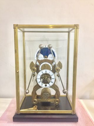 Vintage Single Fusee Grasshoppers Clock Under Glass Case
