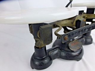 Ohaus cast iron & brass balance scale with round milk glass trays -,  rare 2