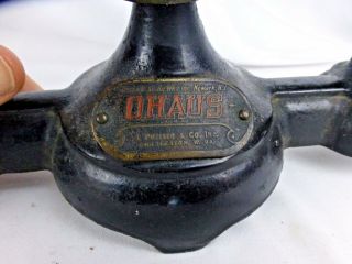 Ohaus cast iron & brass balance scale with round milk glass trays -,  rare 3