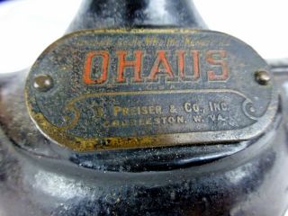 Ohaus cast iron & brass balance scale with round milk glass trays -,  rare 4