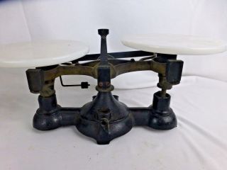 Ohaus cast iron & brass balance scale with round milk glass trays -,  rare 8