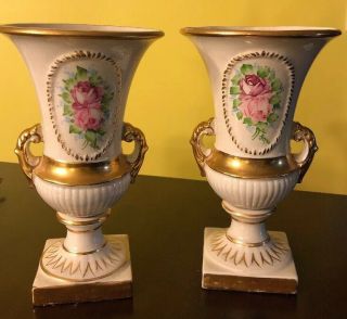 Stunning Pair Antique Sevres? Hand Painted Porcelain Urn Vases French France 10”