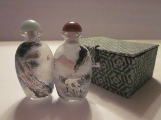 Linked Chinese Glass Snuff Bottles Reverse Paintings Signed Fitted Box