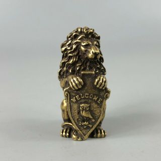 Chinese Old Brass Handwork Collectible Rare Antique Lion King Hold Shield Statue