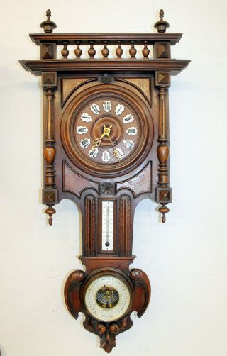 Antique Wall French Clock Walnut Henry Ii 1880th With Thermometer And Barometer
