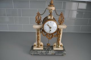 Vintage Antique 19c Marble And Brass French Mantel Clock Xix Century 40cm High
