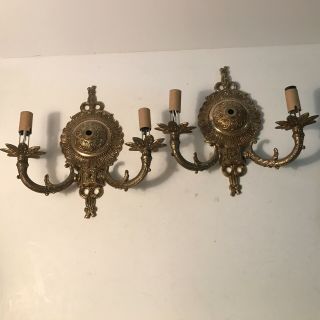 Antique Brass Plated Double Socket Matching Pair Electric Wall Sconces Spain
