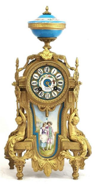 Antique Mantle Clock Gilt Metal & Blue Sevres Porcelain Cherub Figures