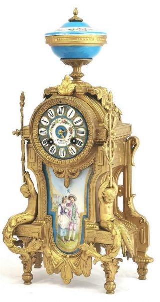 Antique Mantle Clock Gilt Metal & Blue Sevres Porcelain Cherub Figures 2