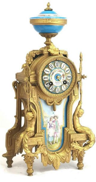 Antique Mantle Clock Gilt Metal & Blue Sevres Porcelain Cherub Figures 3