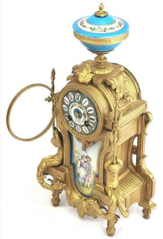 Antique Mantle Clock Gilt Metal & Blue Sevres Porcelain Cherub Figures 4