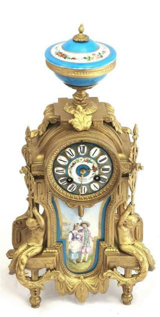 Antique Mantle Clock Gilt Metal & Blue Sevres Porcelain Cherub Figures 5