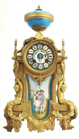 Antique Mantle Clock Gilt Metal & Blue Sevres Porcelain Cherub Figures 6