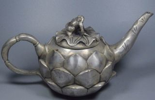 Collectable Souvenir Old Miao Silver Carve Beauty Lotus Frog Lid Ancient Tea Pot 2