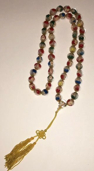 Reverse Vintage Chinese Painted Glass Beads Prayer Necklace 40”