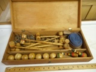 Antique Table Top Croquet Set 100 Years Old - Dovetailed Wood Box