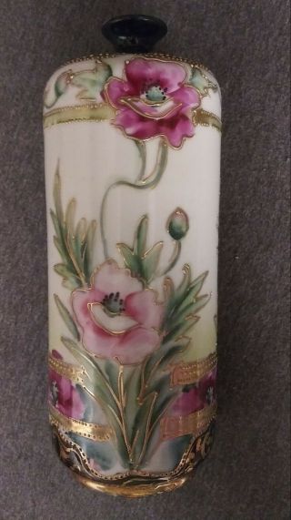 Antique Nippon Pink Poppy Bud Vase Porcelain Hand Painted 7 1/2 " H Gold Trim