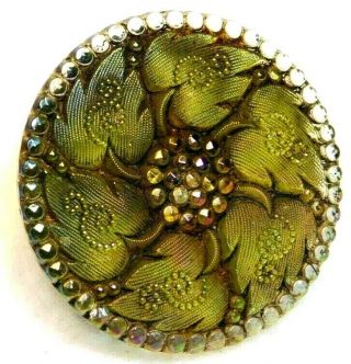 Large Antique Button Victorian Lacy Glass Deep Olive Green Stunning