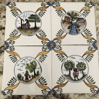 4 Vintage Houses Landscape Villagers Hand Painted Tiles Made In Portugal 6 X 6 "