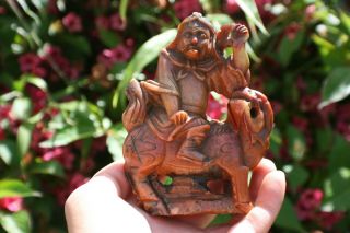 Antique Chinese Soapstone Carved Man Riding Foo Dog Figurine Statue