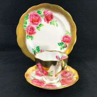 Stunning Queen Anne England Red Cabbage Roses Heavy Gold Trio Cup Saucer Plate