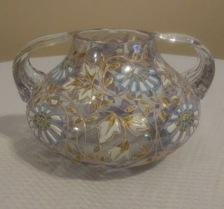 Antique Moser 2 Handled Clear Glass Vase With Gold,  Blue And White Detail