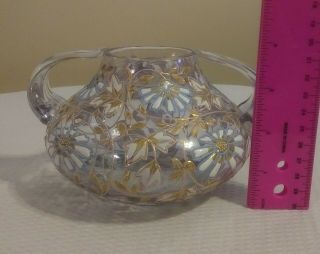 Antique Moser 2 Handled Clear Glass Vase With Gold,  Blue and White Detail 5