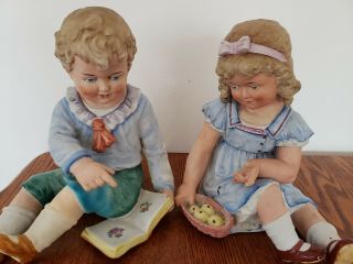 Antique German Bisque Piano Baby Pair,  Signed,  Teeth Lg 8.  5 Inches