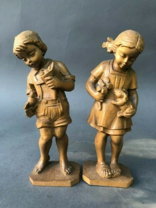 Pair Very Tall Signed " Leighton " Fine Carved Wood Figures Of Children 20 "