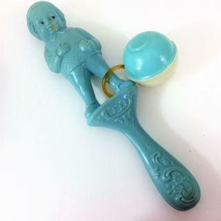 Antique Baby Rattle Blue Celluloid Boy Figural Hand Painted Side Glance Eye Exc