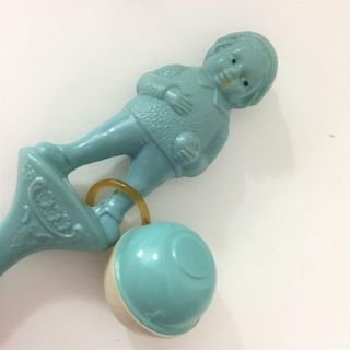 Antique Baby Rattle Blue Celluloid Boy Figural Hand Painted Side Glance Eye Exc 3