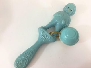 Antique Baby Rattle Blue Celluloid Boy Figural Hand Painted Side Glance Eye Exc 6