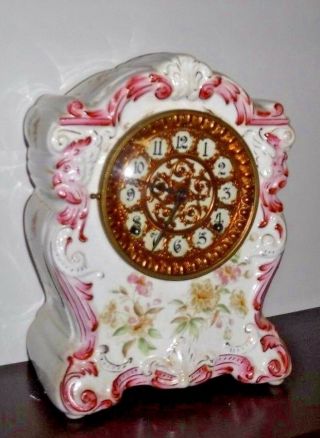 Antique Ansonia Royal Bonn " Chemung " Porcelain Mantle 8 - Day Chime Clock