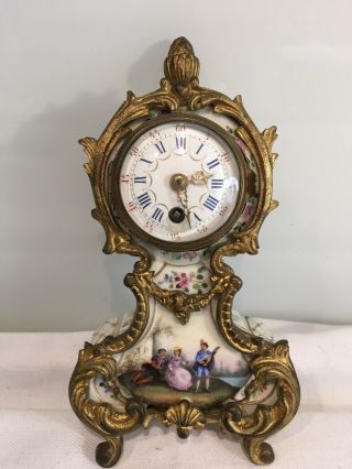 Small Antique French Hand Painted Porcelain And Ormolu Clock,