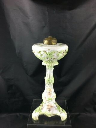 Antique Porcelain Oil Lamp Delicate Dresden Style Cherub Old Paris